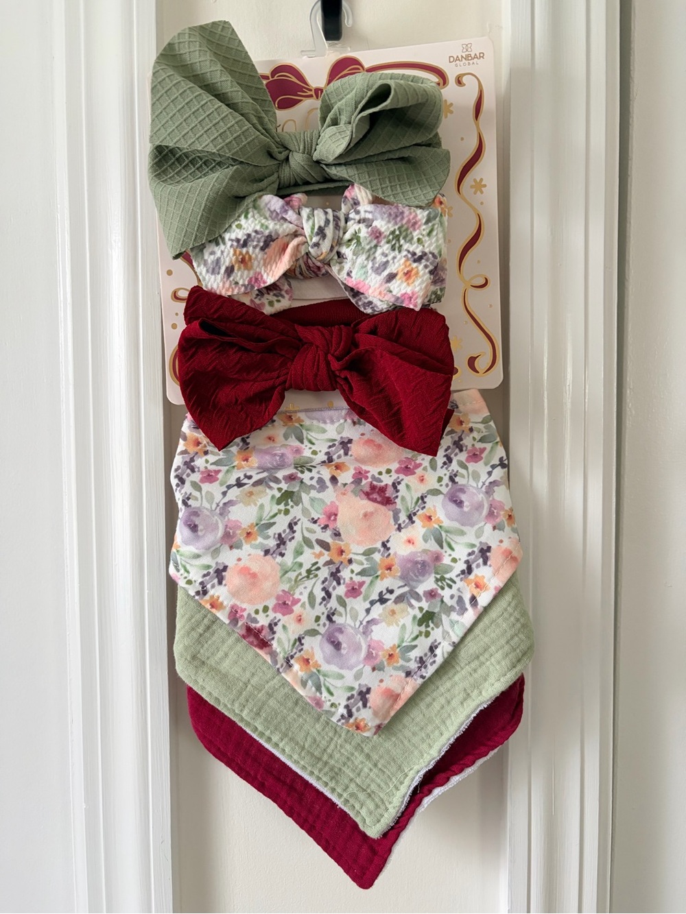 Floral & Solid Bow Headbands with Matching Bib Set - Sage Green & Burgundy